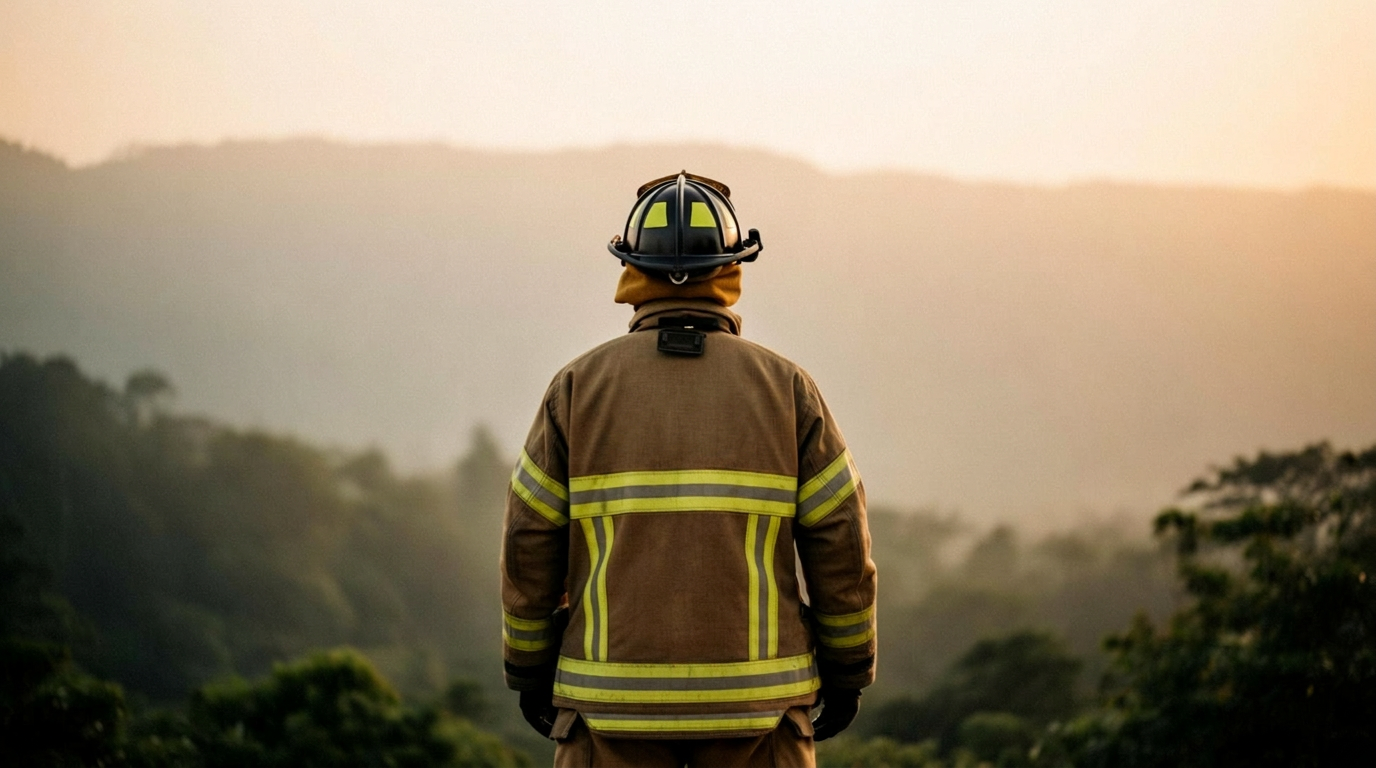 A firefighter at dawn, facing the hills