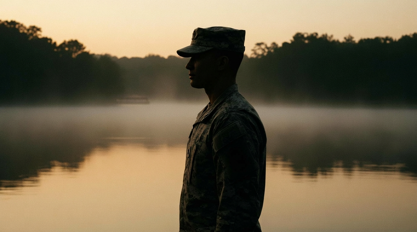 A service member in profile at the edge of a misty lake