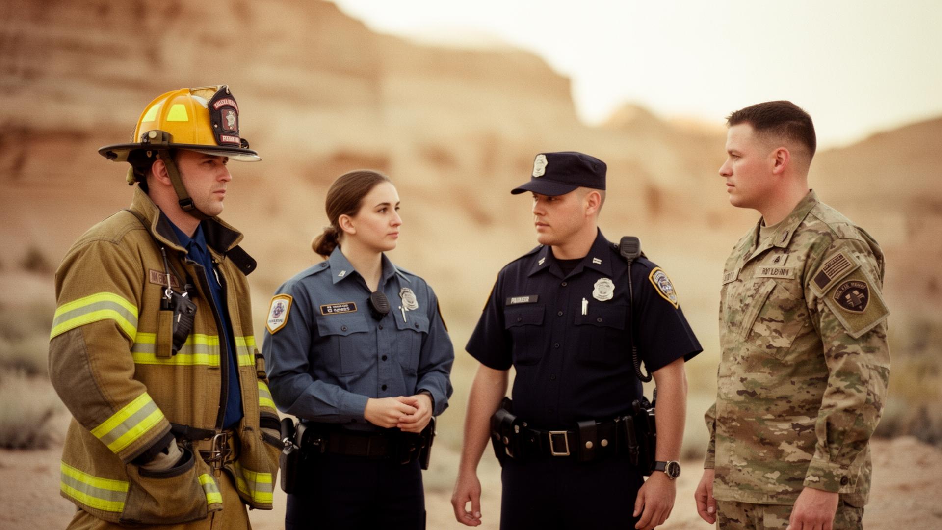 A small group of first responders and military personnel standing together in quiet camaraderie